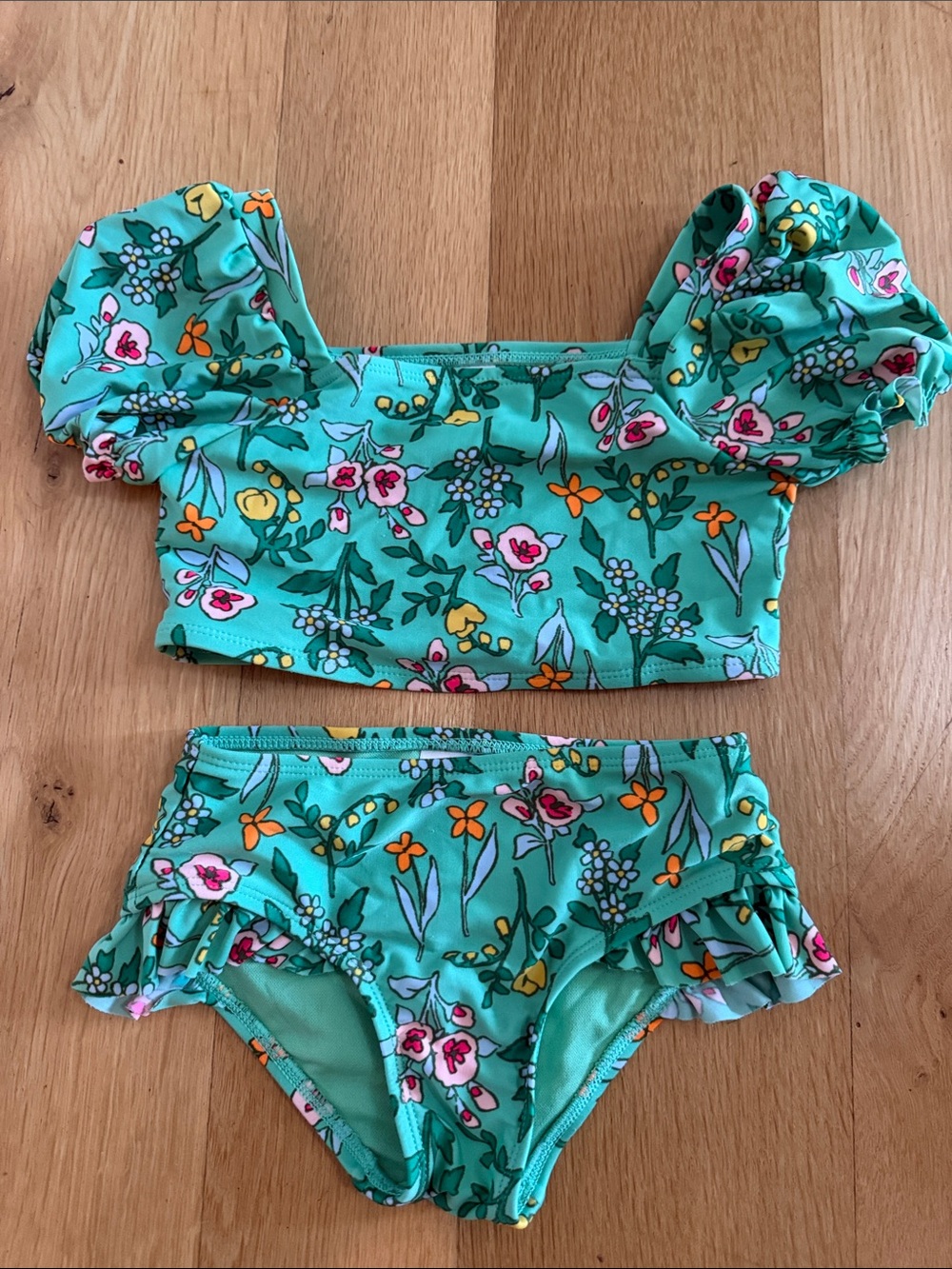 Girls Green Floral Ruffle Two-Piece Swim Set